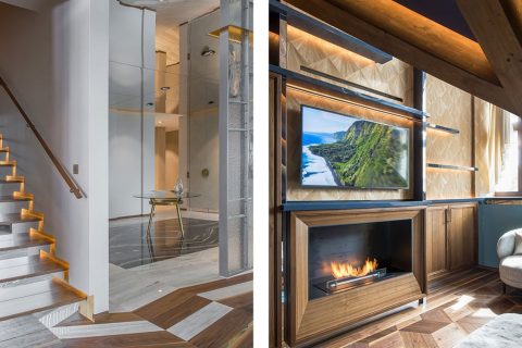 sebastien caron - appartement a la montagne - tapisserie imitation bois Nobilis - sol marbre et travertin - parquet pointe de diamant - tissu metaphore - signatures singulieres magazine