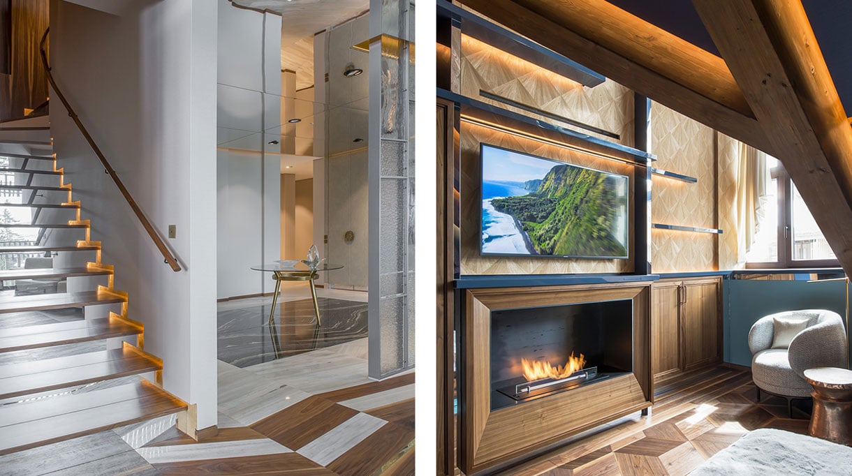 sebastien caron - appartement a la montagne - tapisserie imitation bois Nobilis - sol marbre et travertin - parquet pointe de diamant - tissu metaphore - signatures singulieres magazine